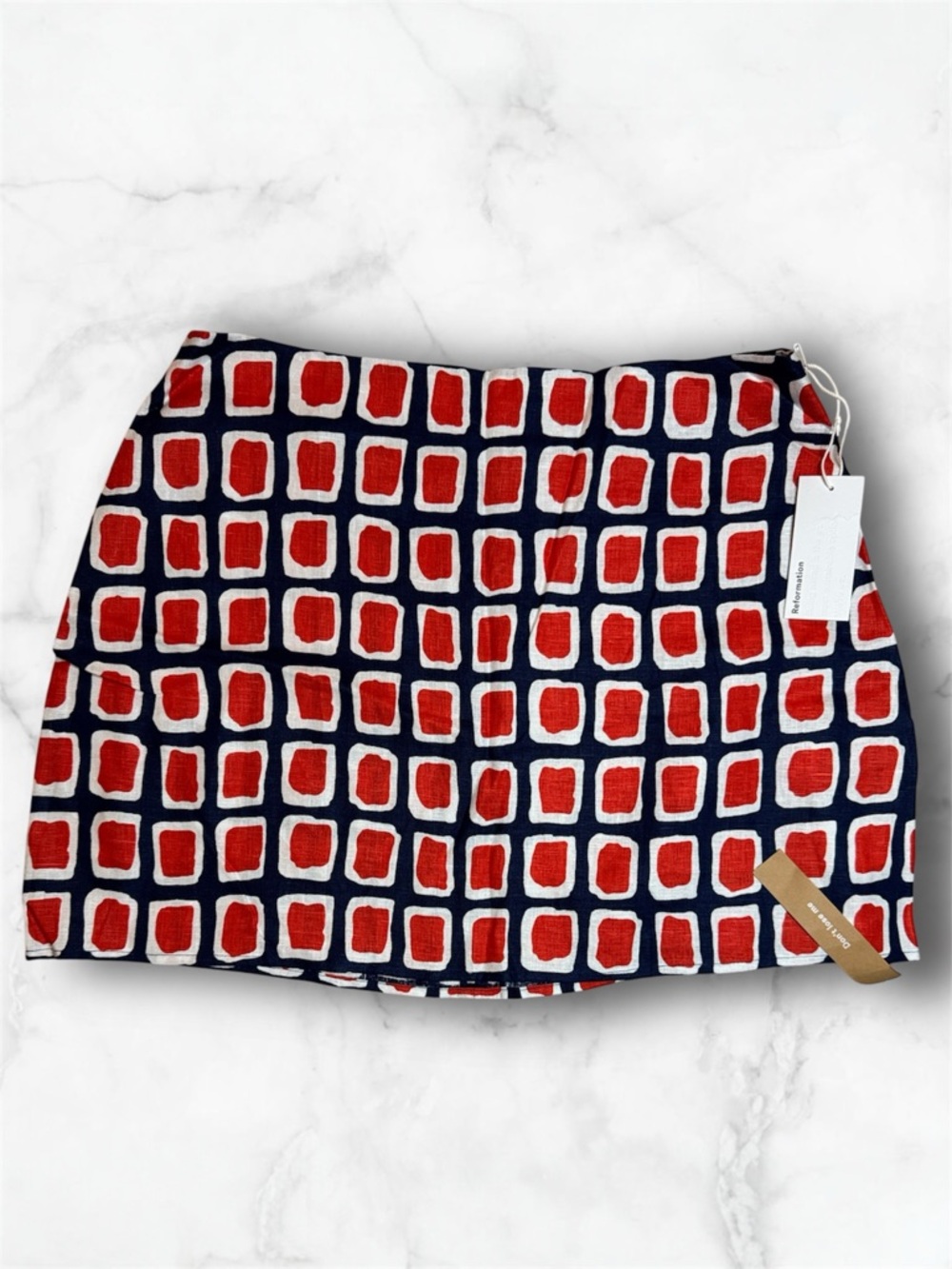 Reformation Navy, Red & White Geometric Mini Skirt